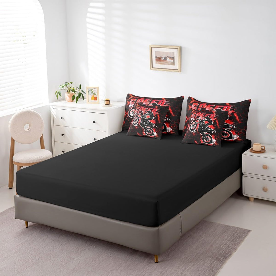 Kids Red Dirt Bike 7 Pieces Bedding Set Queen Size, Extreme Sports Comforter Set with Sheets Racing Motocross Bed in A Bag Boys Girls Motorcycle Teens Bed Set Bedroom Decor 7Pcs - Just Closeouts Canada Inc.X004YN9YL1