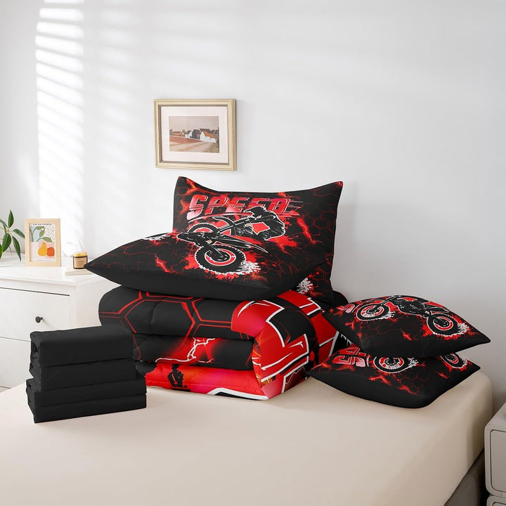 Kids Red Dirt Bike 7 Pieces Bedding Set Queen Size, Extreme Sports Comforter Set with Sheets Racing Motocross Bed in A Bag Boys Girls Motorcycle Teens Bed Set Bedroom Decor 7Pcs - Just Closeouts Canada Inc.X004YN9YL1