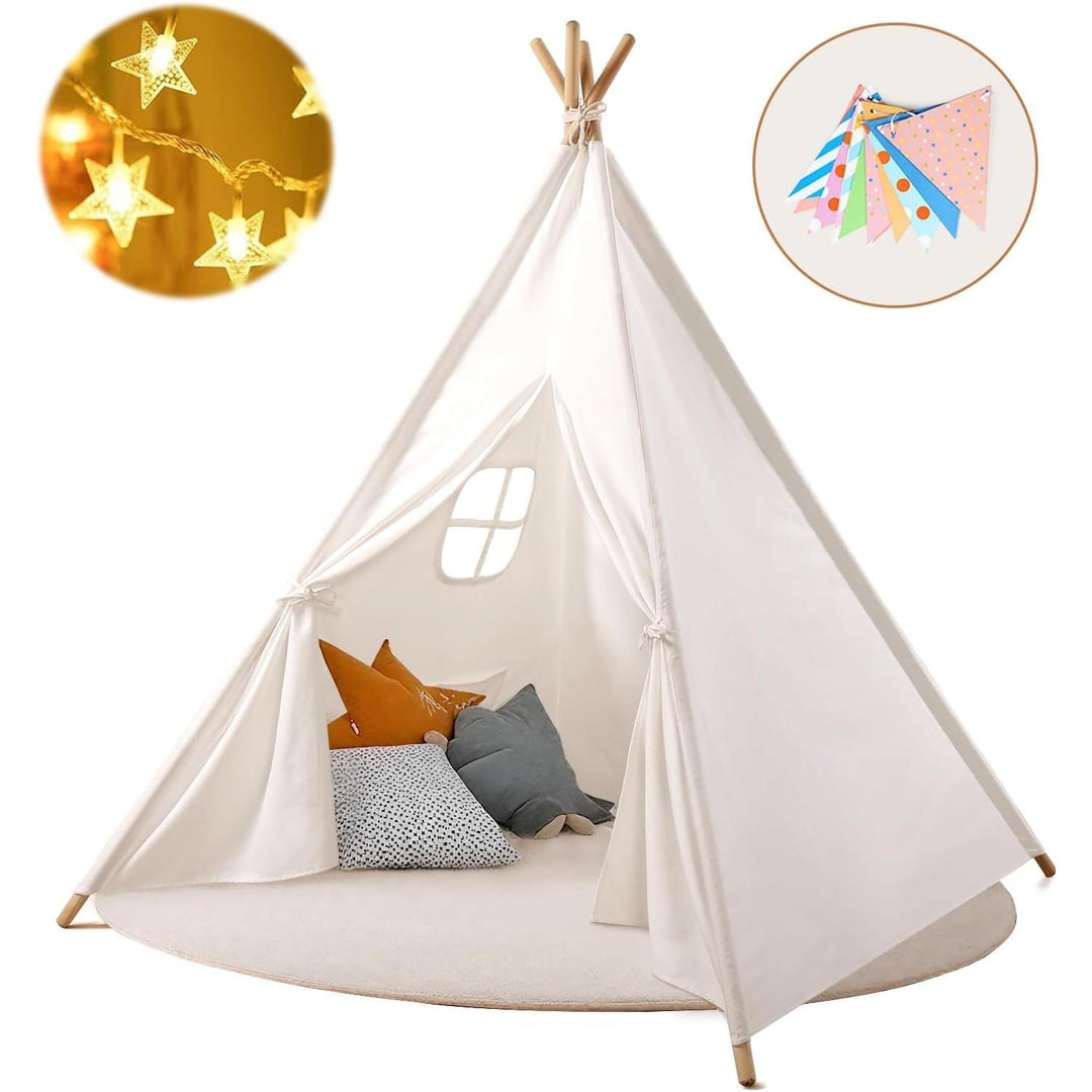 Kids Teepee Tent for Toddlers with Lights and Colorful Pennants, Teepee Tent for Baby Toys for Boys and Girls Portable Children Playhouse Kids Play Tent for Indoor & Outdoor Use (White) - Just Closeouts Canada Inc.