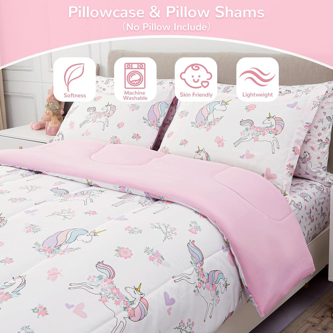 Kids Twin Single Bedding Sets for Girls, Soft Twin Single Comforter Set with Sheets, 5 Pieces Microfiber Bed in a Bag, White Unicorn - Just Closeouts Canada Inc.X003HW0J87