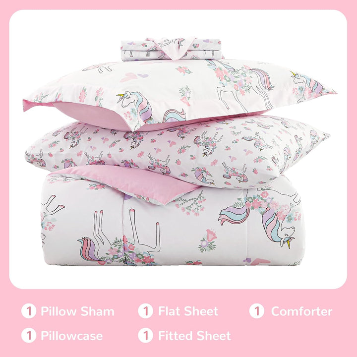 Kids Twin Single Bedding Sets for Girls, Soft Twin Single Comforter Set with Sheets, 5 Pieces Microfiber Bed in a Bag, White Unicorn - Just Closeouts Canada Inc.X003HW0J87