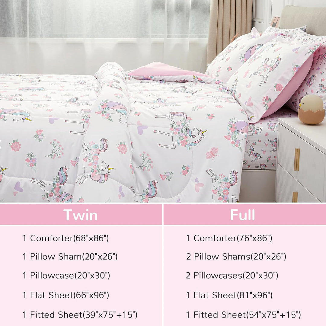 Kids Twin Single Bedding Sets for Girls, Soft Twin Single Comforter Set with Sheets, 5 Pieces Microfiber Bed in a Bag, White Unicorn - Just Closeouts Canada Inc.X003HW0J87