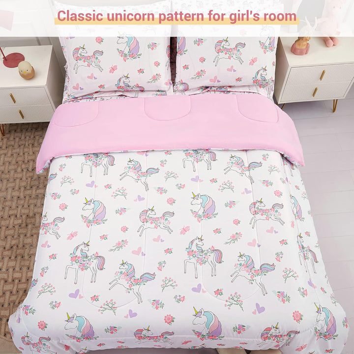 Kids Twin Single Bedding Sets for Girls, Soft Twin Single Comforter Set with Sheets, 5 Pieces Microfiber Bed in a Bag, White Unicorn - Just Closeouts Canada Inc.X003HW0J87