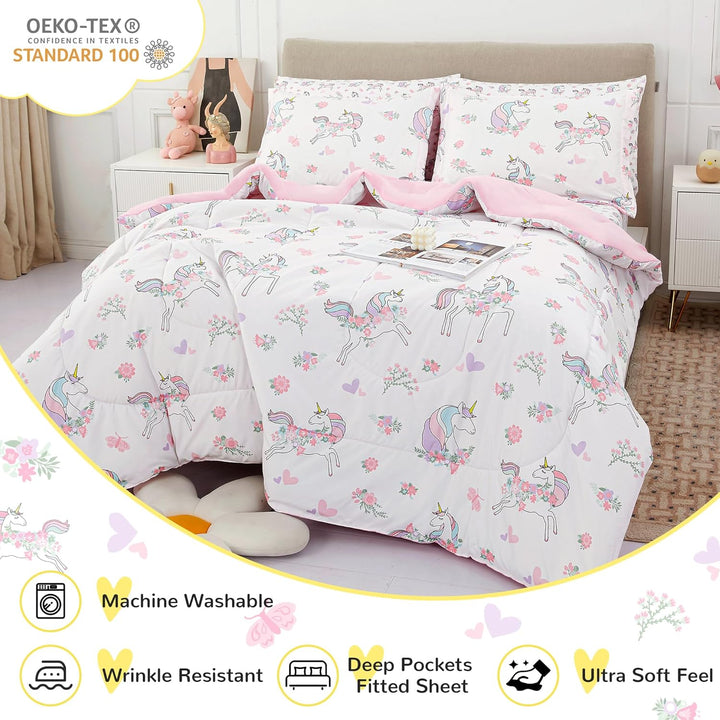 Kids Twin Single Bedding Sets for Girls, Soft Twin Single Comforter Set with Sheets, 5 Pieces Microfiber Bed in a Bag, White Unicorn - Just Closeouts Canada Inc.X003HW0J87