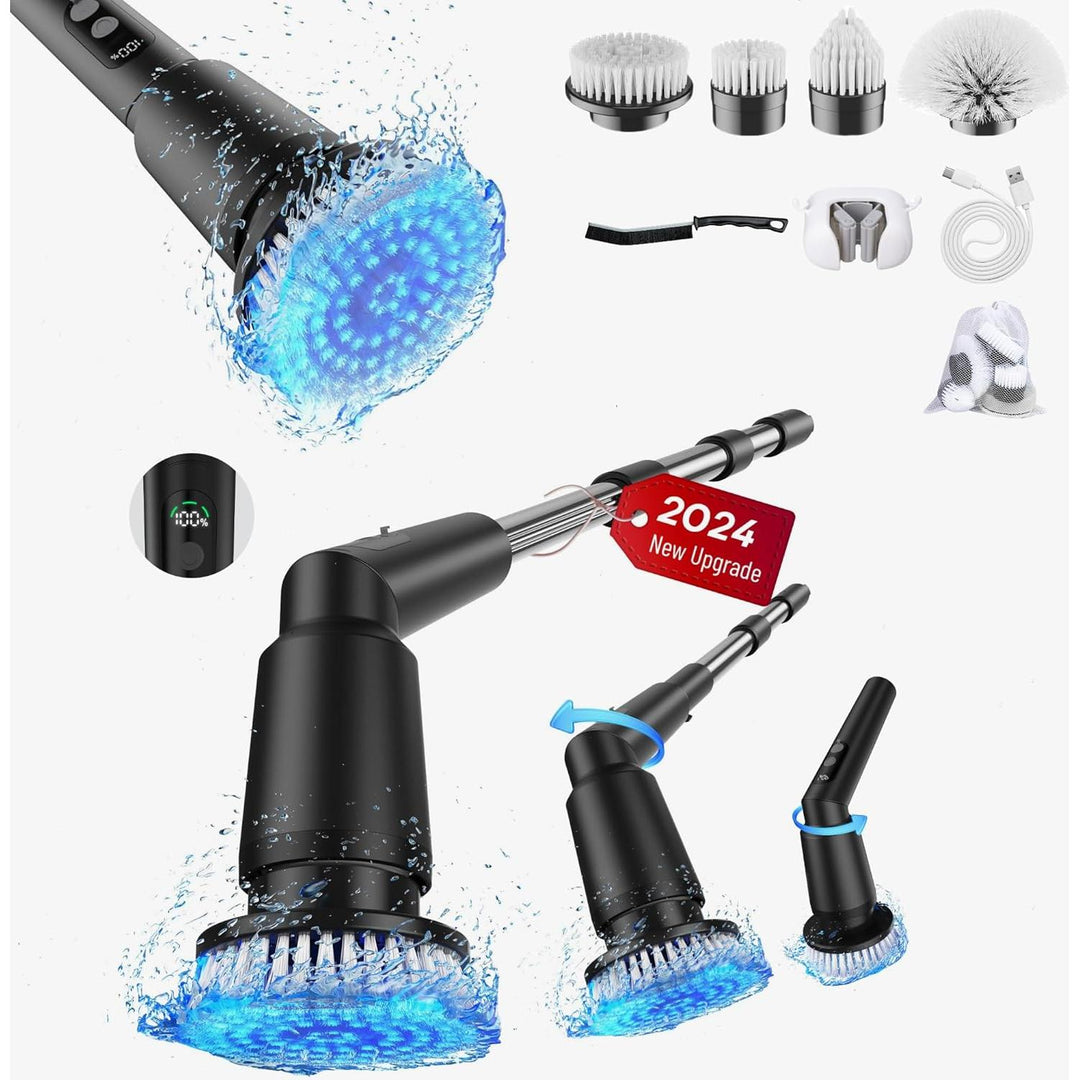 Kimeetol Electric Spin Scrubber, 2024 New Cordless Cleaning Brush with 4 Replacement Brush Heads & Extension Handle, 3 Adjustable Speeds, Shower Scrubber for Bathroom Tub Tile Floor Car(5 in 1,Black) - Just Closeouts Canada Inc.