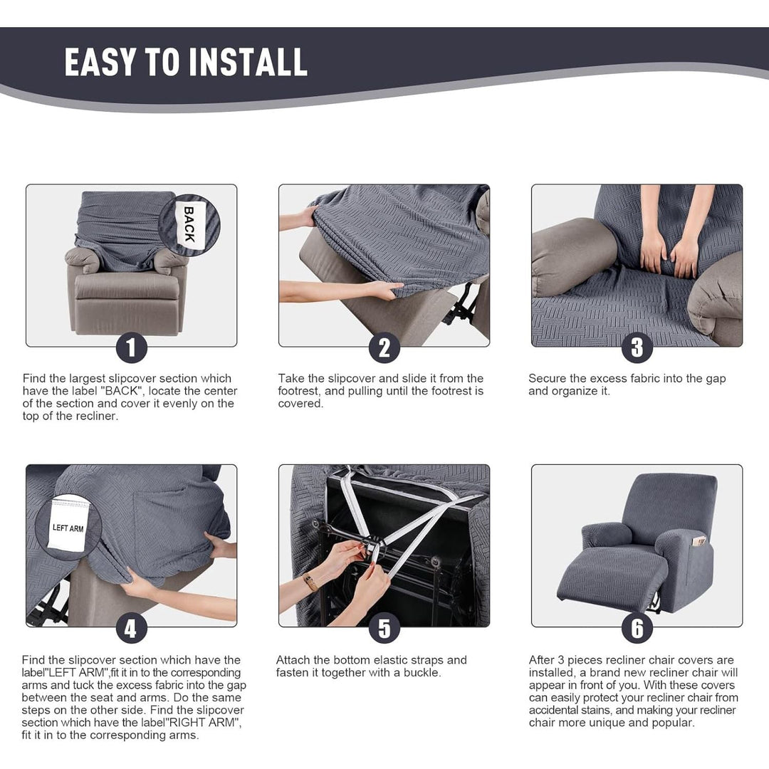 KinCam Recliner Covers, Stretch Reclining Chair Covers, Recliner Sofa Slipcovers Stripe Jacquard Recliner Couch Covers Furniture Protector Covers for Pet Kid (1 Seater, Dark Gray) - Just Closeouts Canada Inc.