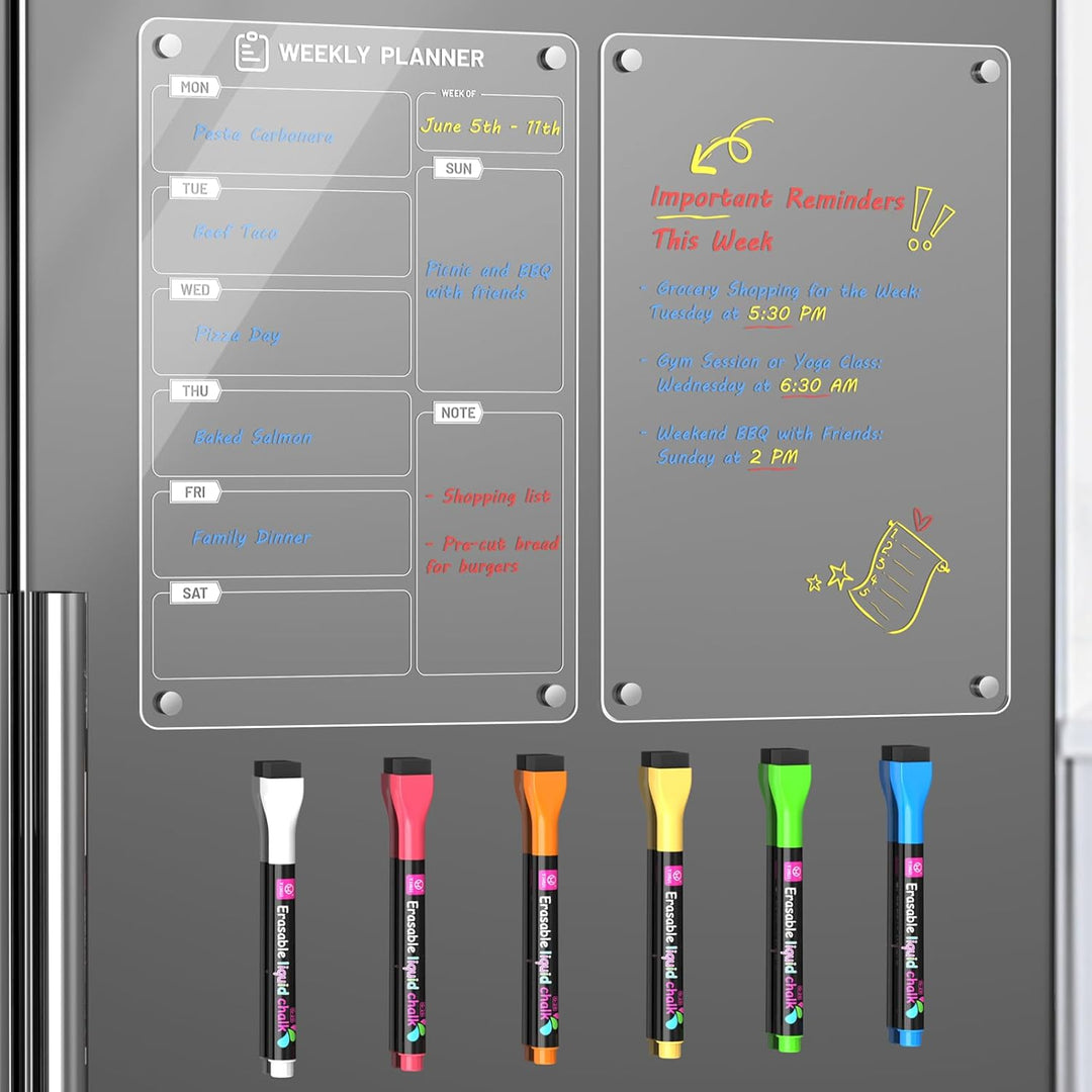 Langaelex 2 Set of Magnetic Meal Planner for Fridge - Acrylic Weekly Planner with 6 Chalk Markers for to - Do List, Shopping List, Menu List - 8 x 12 - Just Closeouts Canada Inc.