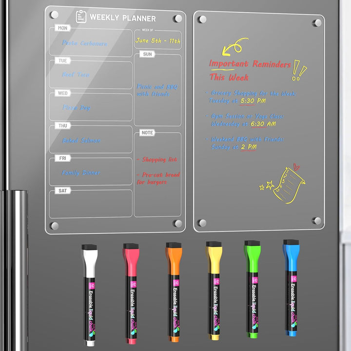 Langaelex 2 Set of Magnetic Meal Planner for Fridge - Acrylic Weekly Planner with 6 Chalk Markers for to - Do List, Shopping List, Menu List - 8 x 12 - Just Closeouts Canada Inc.