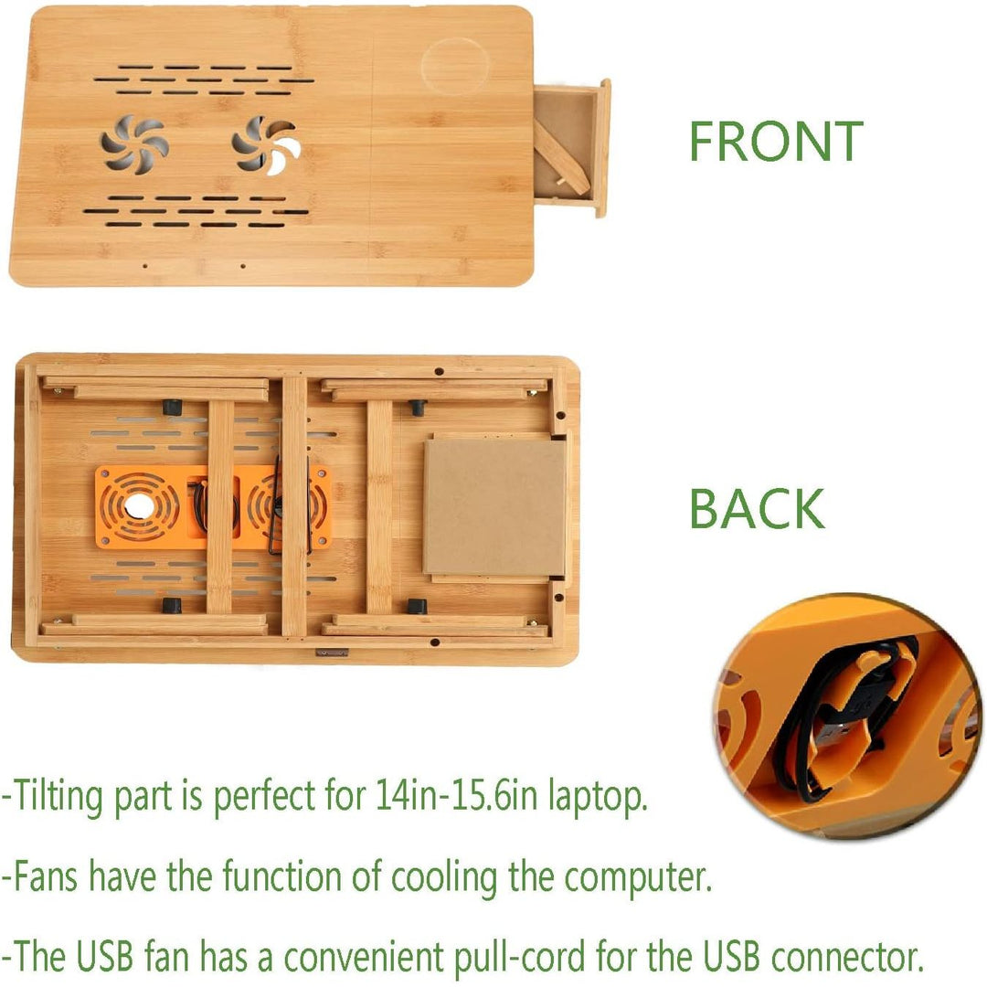 Laptop Desk Bamboo Foldable Adjustable Laptop Table with USB Cooling Fan,Multi - Functional Portable Laptop Bed Tray Table Notebook Stand Reading Holder with Storage Drawer for Reading, Writing, Eating - Just Closeouts Canada Inc.