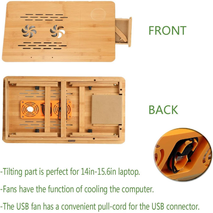 Laptop Desk Bamboo Foldable Adjustable Laptop Table with USB Cooling Fan,Multi - Functional Portable Laptop Bed Tray Table Notebook Stand Reading Holder with Storage Drawer for Reading, Writing, Eating - Just Closeouts Canada Inc.