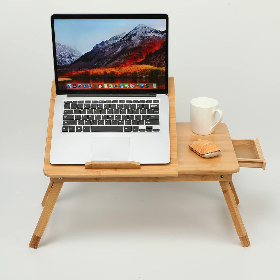 Laptop Desk Bamboo Foldable Adjustable Laptop Table with USB Cooling Fan,Multi - Functional Portable Laptop Bed Tray Table Notebook Stand Reading Holder with Storage Drawer for Reading, Writing, Eating - Just Closeouts Canada Inc.