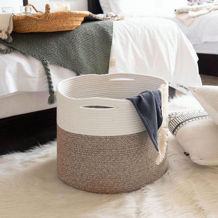 Large Cotton Rope Storage Basket - Woven Blanket Basket in Living Room Pillows Storage Bins with Handles for Toys Plant Basket Home Decor Warm Mix Brown White, 15.8"x15.8"x13.8" - Just Closeouts Canada Inc.