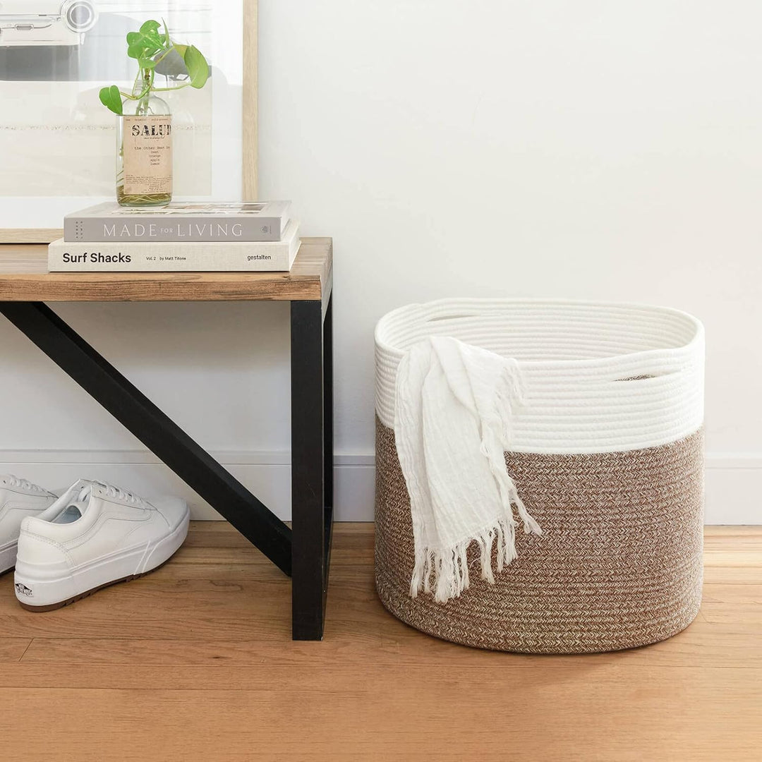 Large Cotton Rope Storage Basket - Woven Blanket Basket in Living Room Pillows Storage Bins with Handles for Toys Plant Basket Home Decor Warm Mix Brown White, 15.8"x15.8"x13.8" - Just Closeouts Canada Inc.