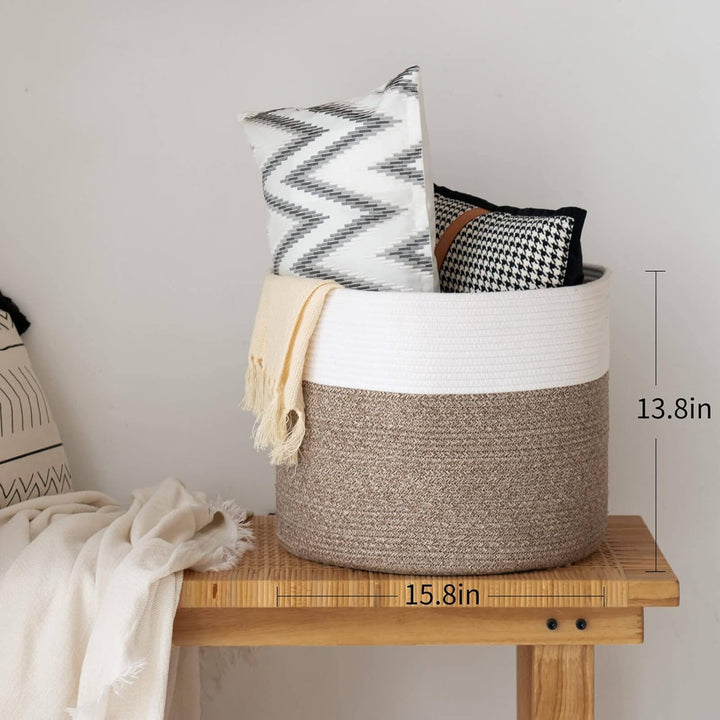 Large Cotton Rope Storage Basket - Woven Blanket Basket in Living Room Pillows Storage Bins with Handles for Toys Plant Basket Home Decor Warm Mix Brown White, 15.8"x15.8"x13.8" - Just Closeouts Canada Inc.