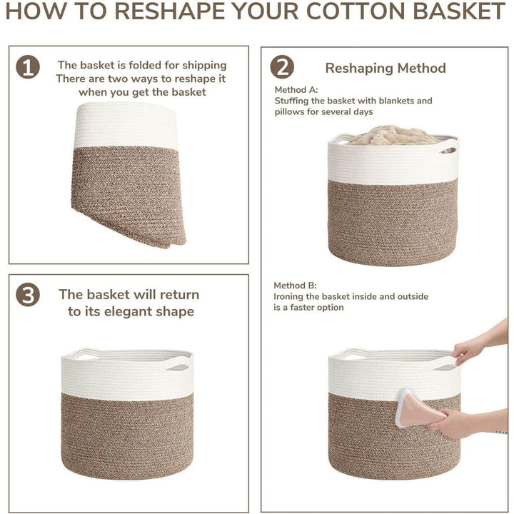 Large Cotton Rope Storage Basket - Woven Blanket Basket in Living Room Pillows Storage Bins with Handles for Toys Plant Basket Home Decor Warm Mix Brown White, 15.8"x15.8"x13.8" - Just Closeouts Canada Inc.