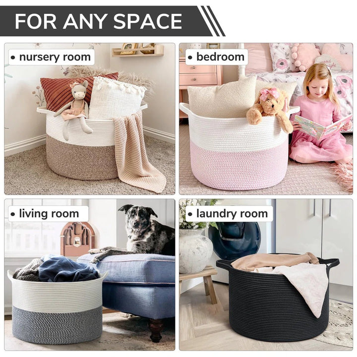 Large Laundry Basket, 21.7" x 21.7" x 13.8", Woven Toy Baskets for Storage, Rope Blanket Basket for Living Room, Black - Just Closeouts Canada Inc.