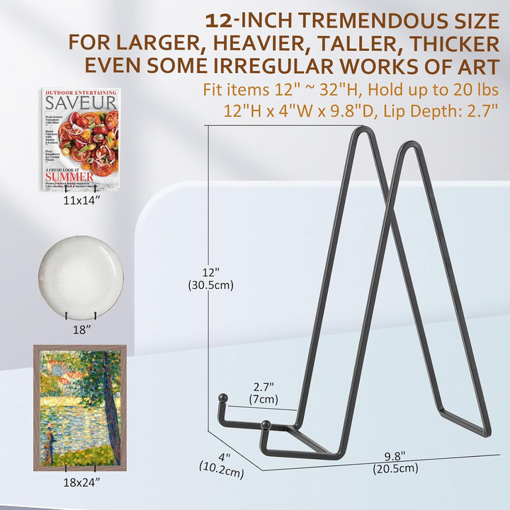 Large Plate Holder Display Stand - 12 inch Super Tall Big Plate Stands for Heavy Duty Display - Metal Picture Frame Stand - Tabletop Easel Stand for Decorative Platter | Plaque | Book - 2 Pack - Black - Just Closeouts Canada Inc.
