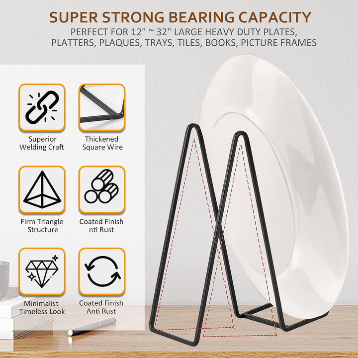 Large Plate Holder Display Stand - 12 inch Super Tall Big Plate Stands for Heavy Duty Display - Metal Picture Frame Stand - Tabletop Easel Stand for Decorative Platter | Plaque | Book - 2 Pack - Black - Just Closeouts Canada Inc.