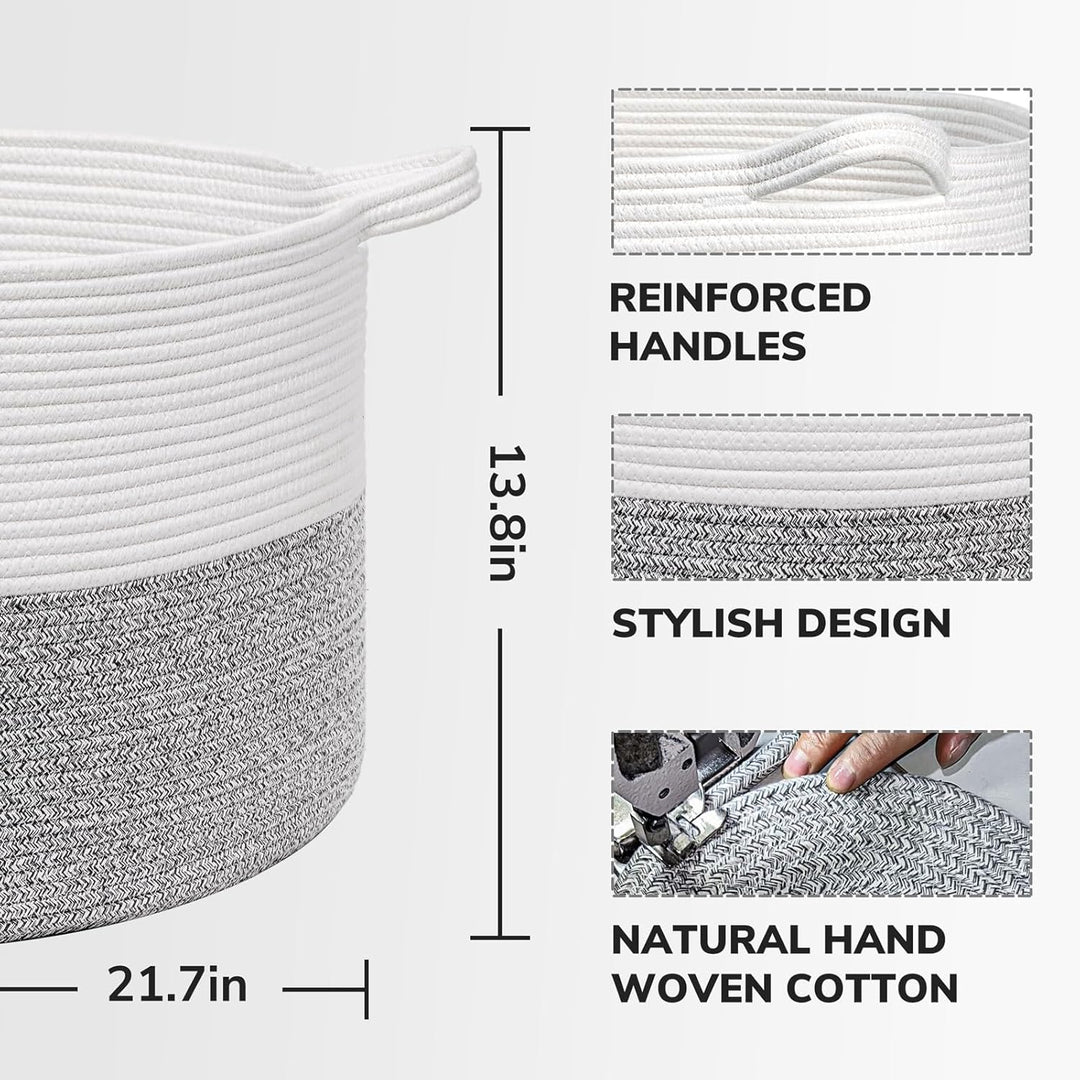 Large Storage Basket 21.7" x 13.8", Rope Laundry Basket for Pillows, Blanket Basket for Living Room, Toy Organizers and Storage with Handles for Kids, Clothes Hamper, 90L White & Grey - Just Closeouts Canada Inc.