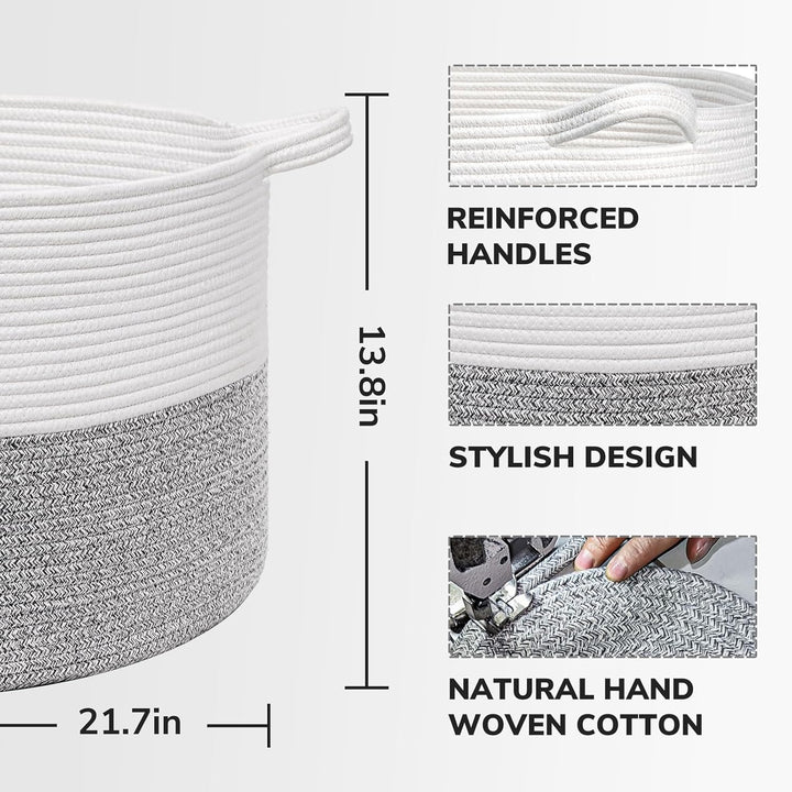 Large Storage Basket 21.7" x 13.8", Rope Laundry Basket for Pillows, Blanket Basket for Living Room, Toy Organizers and Storage with Handles for Kids, Clothes Hamper, 90L White & Grey - Just Closeouts Canada Inc.