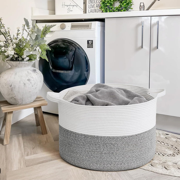 Large Storage Basket 21.7" x 13.8", Rope Laundry Basket for Pillows, Blanket Basket for Living Room, Toy Organizers and Storage with Handles for Kids, Clothes Hamper, 90L White & Grey - Just Closeouts Canada Inc.