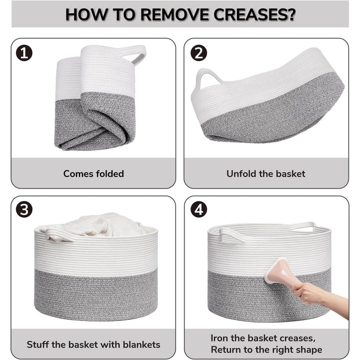 Large Storage Basket 21.7" x 13.8", Rope Laundry Basket for Pillows, Blanket Basket for Living Room, Toy Organizers and Storage with Handles for Kids, Clothes Hamper, 90L White & Grey - Just Closeouts Canada Inc.