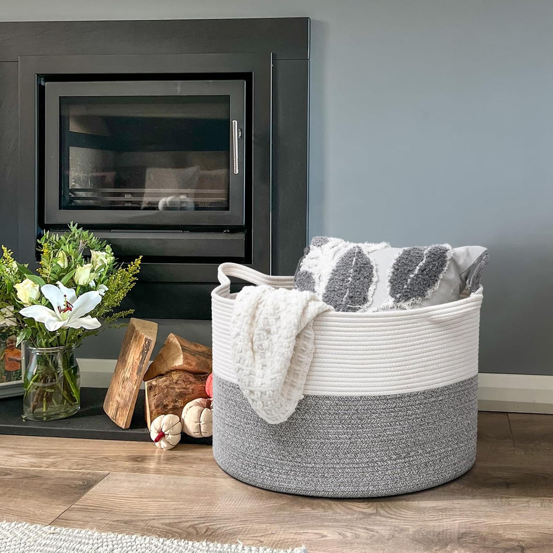 Large Storage Basket 21.7" x 13.8", Rope Laundry Basket for Pillows, Blanket Basket for Living Room, Toy Organizers and Storage with Handles for Kids, Clothes Hamper, 90L White & Grey - Just Closeouts Canada Inc.