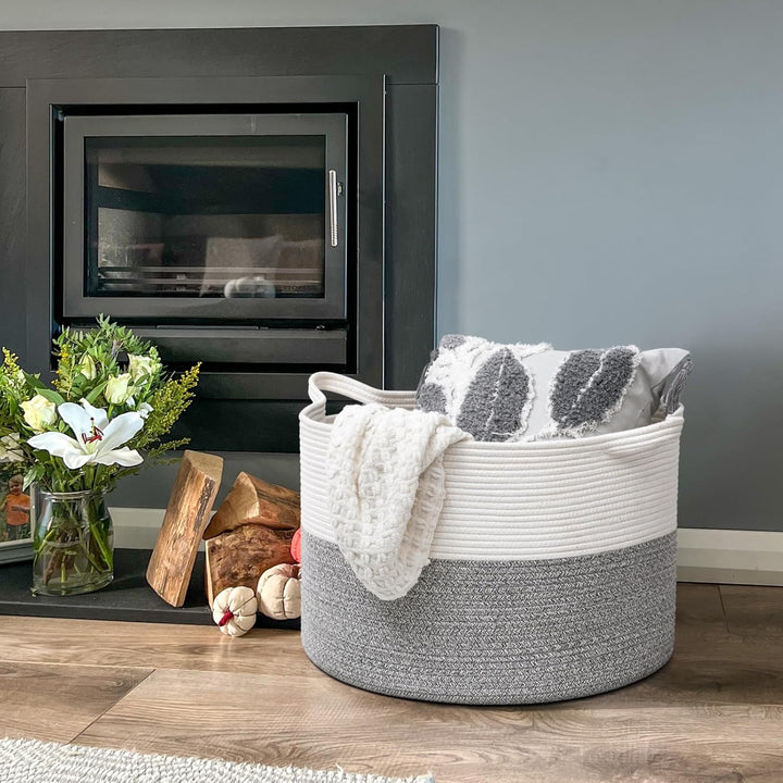 Large Storage Basket 21.7" x 13.8", Rope Laundry Basket for Pillows, Blanket Basket for Living Room, Toy Organizers and Storage with Handles for Kids, Clothes Hamper, 90L White & Grey - Just Closeouts Canada Inc.