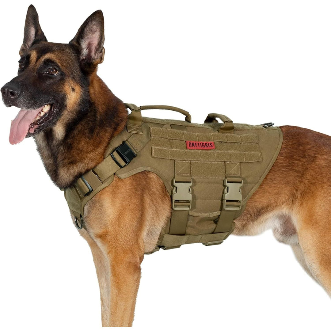Large Tactical Dog Harness, No Pulling Adjustable Dog Vest Harness, Heavy Duty Dog Harness with Handle, Large Hook and Loop Panels for Patch (Size: Large, Brown) - Just Closeouts Canada Inc.