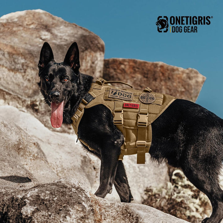 Large Tactical Dog Harness, No Pulling Adjustable Dog Vest Harness, Heavy Duty Dog Harness with Handle, Large Hook and Loop Panels for Patch (Size: Large, Brown) - Just Closeouts Canada Inc.