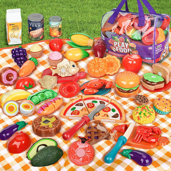 Laugigle Pretend Play Food for Kids Kitchen - 78Pc Cutting Toy Food with Storage Bag, Food Toys with Veggies, Fruits, Fake Food with Pizza Toy, Pretend Food, Play Kitchen Accessories, Boys Girls Gift - Just Closeouts Canada Inc.