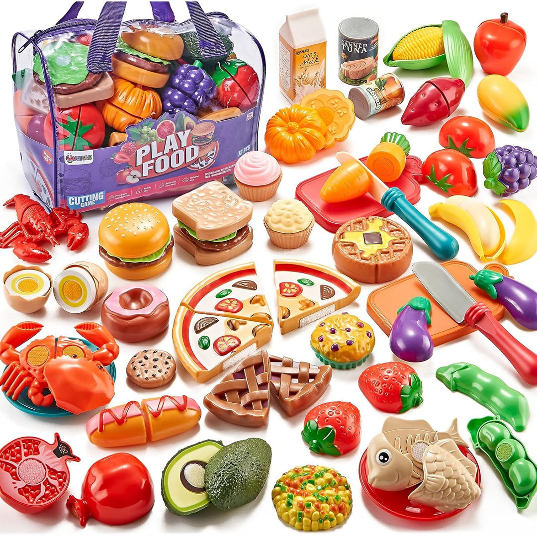 Laugigle Pretend Play Food for Kids Kitchen - 78Pc Cutting Toy Food with Storage Bag, Food Toys with Veggies, Fruits, Fake Food with Pizza Toy, Pretend Food, Play Kitchen Accessories, Boys Girls Gift - Just Closeouts Canada Inc.