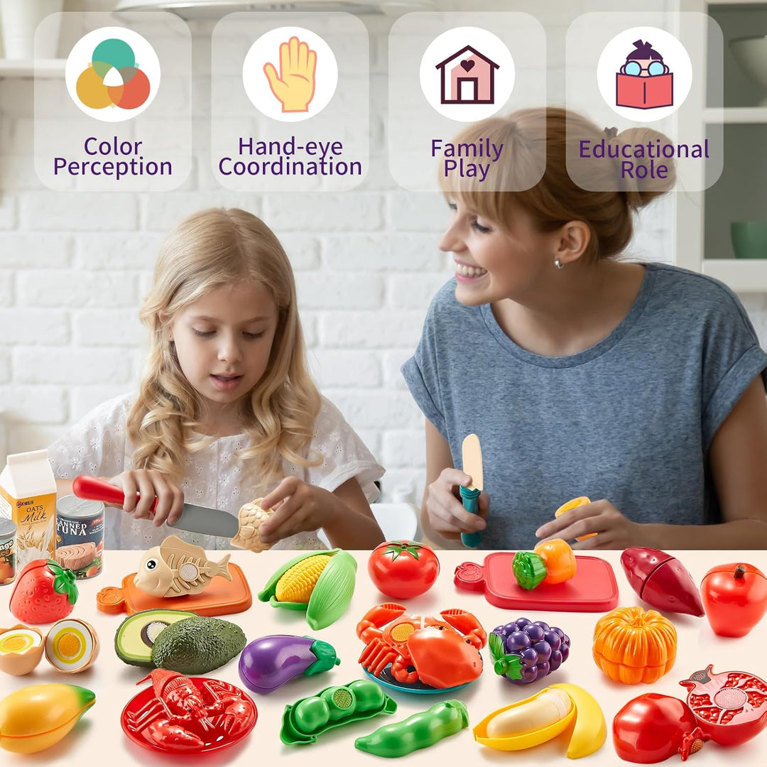 Laugigle Pretend Play Food for Kids Kitchen - 78Pc Cutting Toy Food with Storage Bag, Food Toys with Veggies, Fruits, Fake Food with Pizza Toy, Pretend Food, Play Kitchen Accessories, Boys Girls Gift - Just Closeouts Canada Inc.