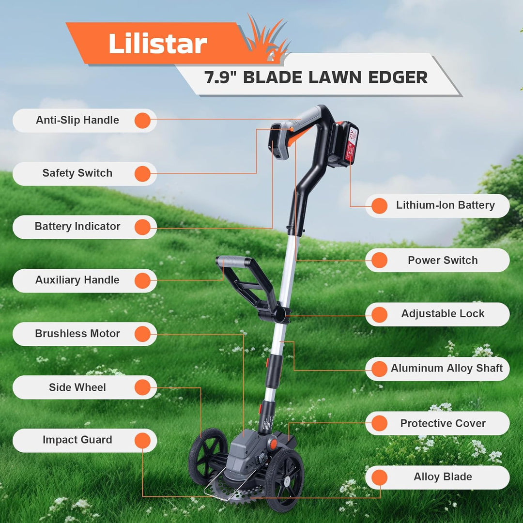 Lawn Edger, 7.9 - in Blade Battery Powered Cordless Edger, 2x21V 4.0Ah Batteries & Charger, Adjustable Angle & Handle, Digital Display & Safety Lock - Ideal for Lawns, Sidewalk, Garden Edging (ORANGE) - Just Closeouts Canada Inc.