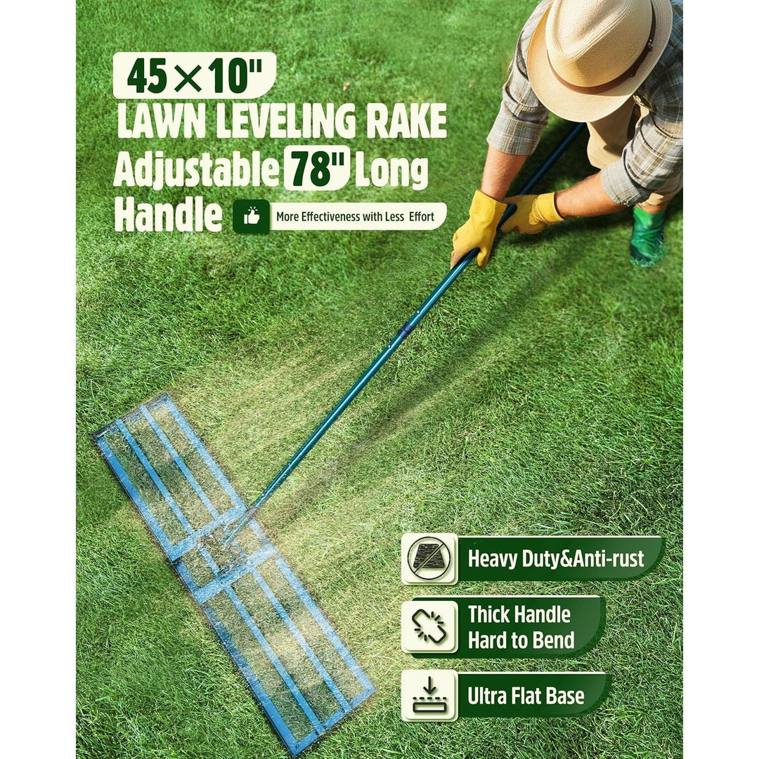 Lawn Leveling Rake,Stainless Steel Lawn Leveler with 45”x10” Ground Plate, 78” Adjustable Long Handle, Heavy Duty Large Level Lawn Tool for Grass, Golf Field, Level Soil or Dirt Ground Surfaces - Green - Just Closeouts Canada Inc.