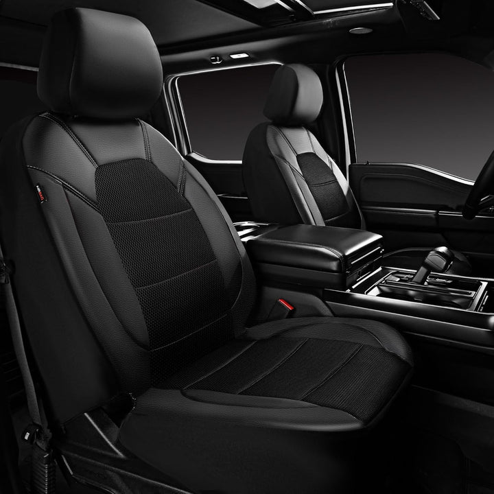 Leather and 3D Air Mesh Universal Fit Car Seat Covers, for Sedans, Trucks, Suvs, Airbag Compatible, Zipper Design and Reserved Opening Holes for Headrest(Full Set, Black and Black) - Just Closeouts Canada Inc.