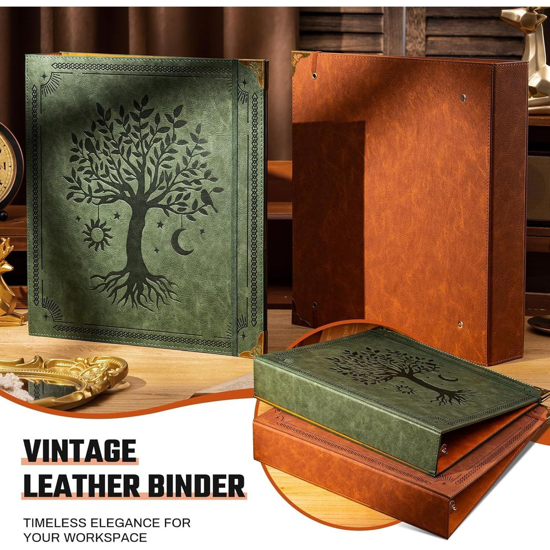 Leather D Ring Binder Fits 8.5"x11" Letter Size Paper, 2 Inch EZD Ring Binders Holds 550 Sheets, Notepad Paper Cover Loose Leaf Organizer with Inner Pockets, Brown Tree - Just Closeouts Canada Inc.