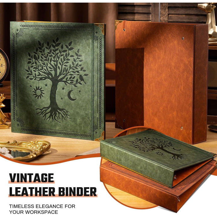 Leather D Ring Binder Fits 8.5"x11" Letter Size Paper, 2 Inch EZD Ring Binders Holds 550 Sheets, Notepad Paper Cover Loose Leaf Organizer with Inner Pockets, Brown Tree - Just Closeouts Canada Inc.