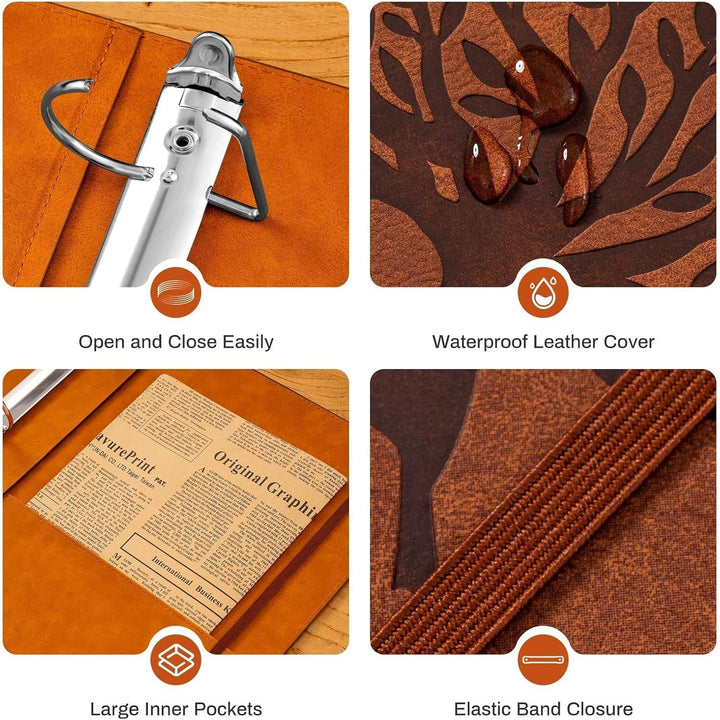 Leather D Ring Binder Fits 8.5"x11" Letter Size Paper, 2 Inch EZD Ring Binders Holds 550 Sheets, Notepad Paper Cover Loose Leaf Organizer with Inner Pockets, Brown Tree - Just Closeouts Canada Inc.