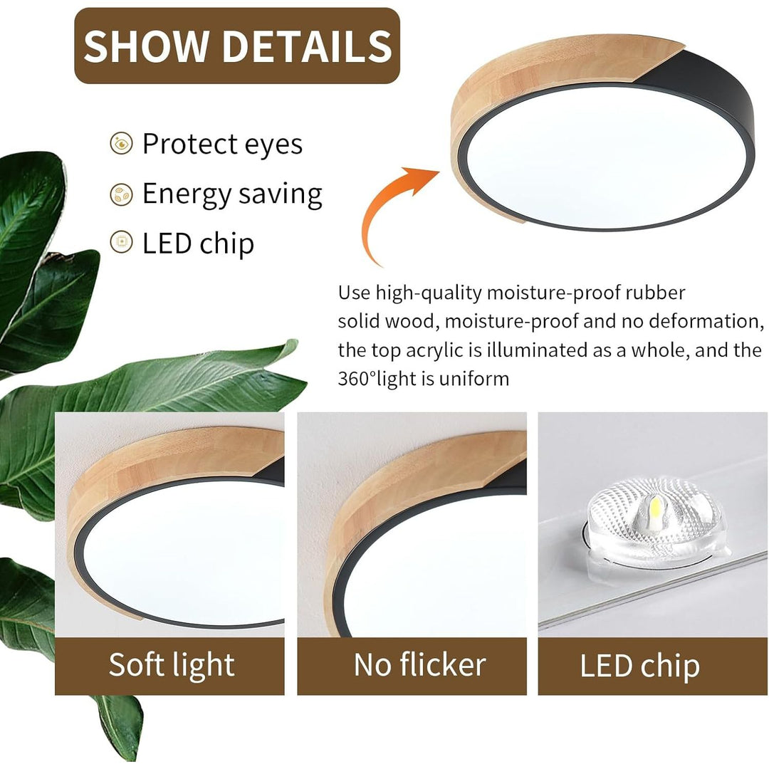 LED Ceiling Lights,LuFun 12 Inch Black Modern Flush Mount Lighting Fixture,Round Shaped Wood Ceiling Lighting,30W,6500K Cool White - Just Closeouts Canada Inc.