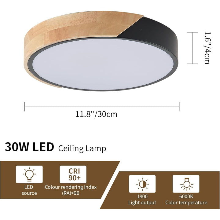 LED Ceiling Lights,LuFun 12 Inch Black Modern Flush Mount Lighting Fixture,Round Shaped Wood Ceiling Lighting,30W,6500K Cool White - Just Closeouts Canada Inc.