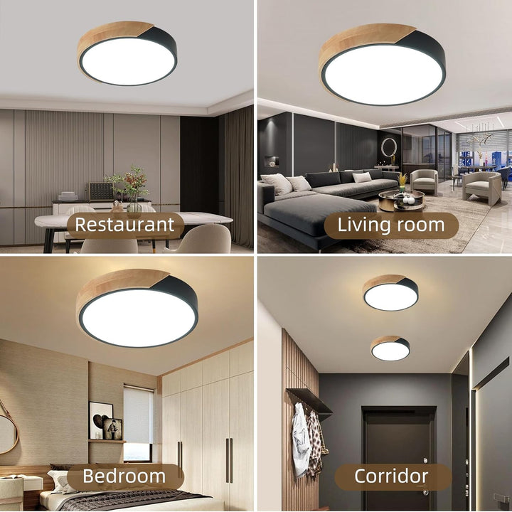 LED Ceiling Lights,LuFun 12 Inch Black Modern Flush Mount Lighting Fixture,Round Shaped Wood Ceiling Lighting,30W,6500K Cool White - Just Closeouts Canada Inc.