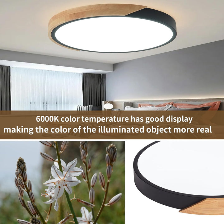 LED Ceiling Lights,LuFun 12 Inch Black Modern Flush Mount Lighting Fixture,Round Shaped Wood Ceiling Lighting,30W,6500K Cool White - Just Closeouts Canada Inc.