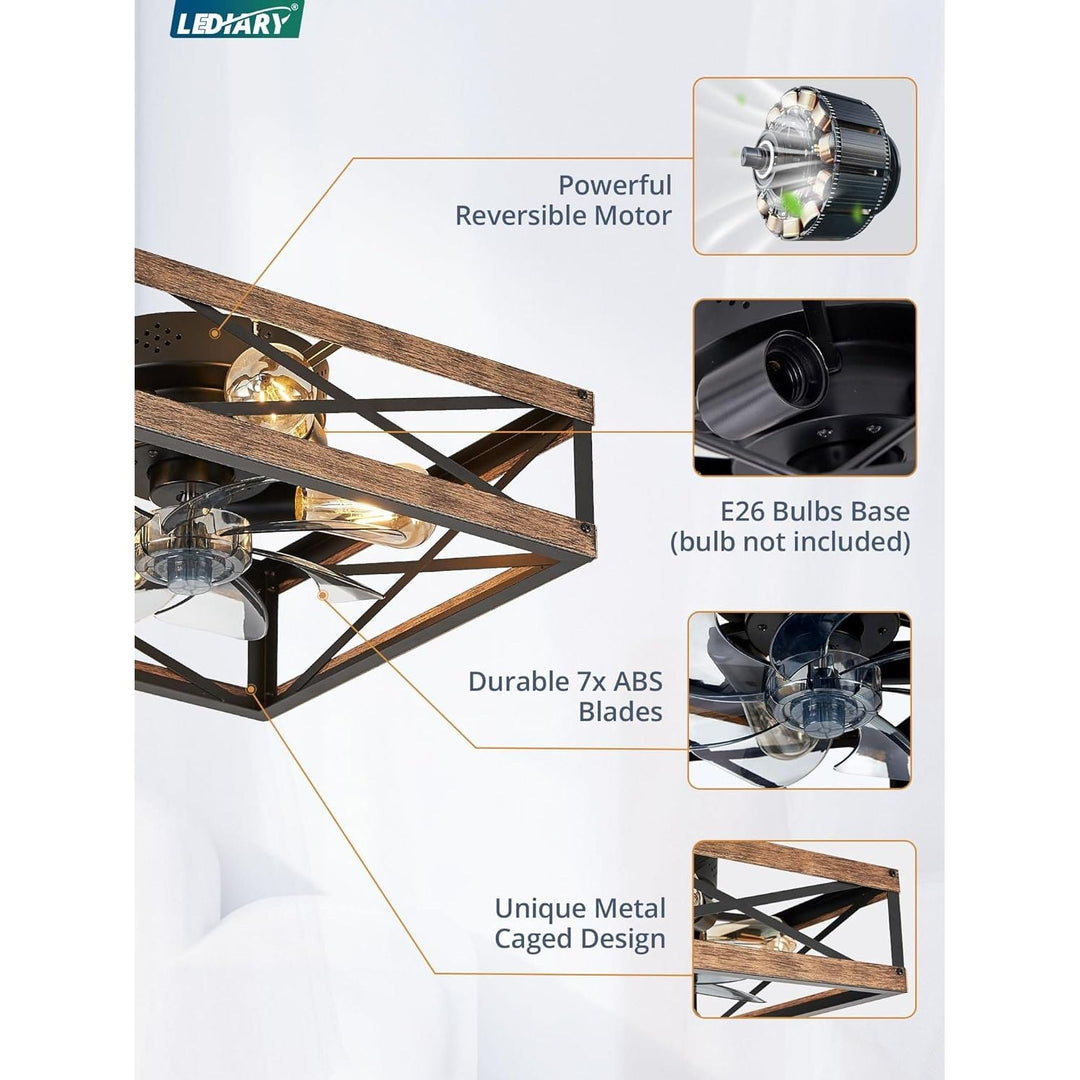 LEDIARY Caged Low Profile Ceiling Fan with Lights and Remote, Rustic Square Flush Mount, 6 Speed and Reversible, Small Farmhouse Bladeless Ceiling Fan for Bedroom, Kitchen, Dining Room - Just Closeouts Canada Inc.
