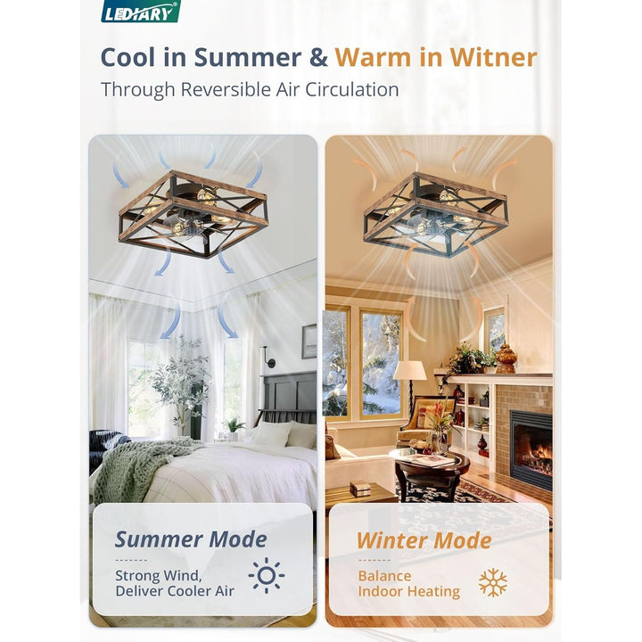 LEDIARY Caged Low Profile Ceiling Fan with Lights and Remote, Rustic Square Flush Mount, 6 Speed and Reversible, Small Farmhouse Bladeless Ceiling Fan for Bedroom, Kitchen, Dining Room - Just Closeouts Canada Inc.