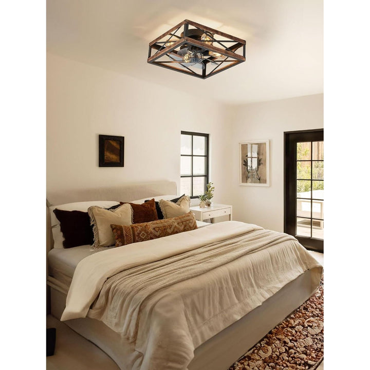 LEDIARY Caged Low Profile Ceiling Fan with Lights and Remote, Rustic Square Flush Mount, 6 Speed and Reversible, Small Farmhouse Bladeless Ceiling Fan for Bedroom, Kitchen, Dining Room - Just Closeouts Canada Inc.