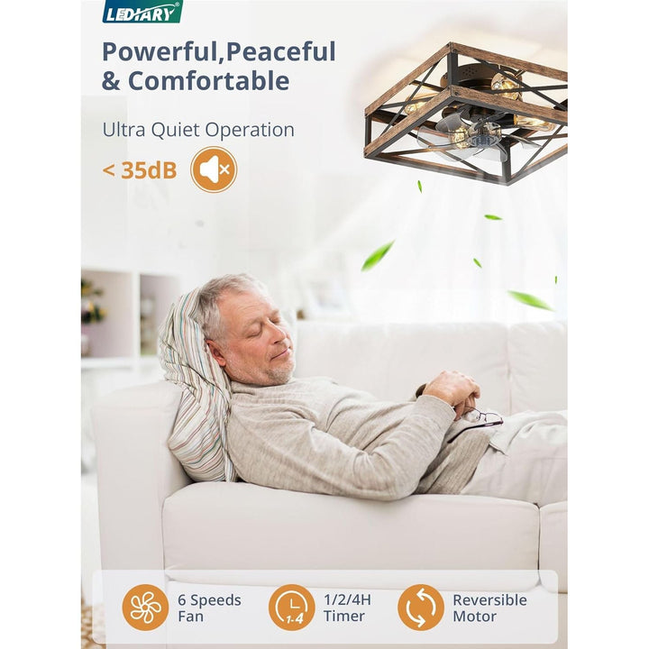 LEDIARY Caged Low Profile Ceiling Fan with Lights and Remote, Rustic Square Flush Mount, 6 Speed and Reversible, Small Farmhouse Bladeless Ceiling Fan for Bedroom, Kitchen, Dining Room - Just Closeouts Canada Inc.