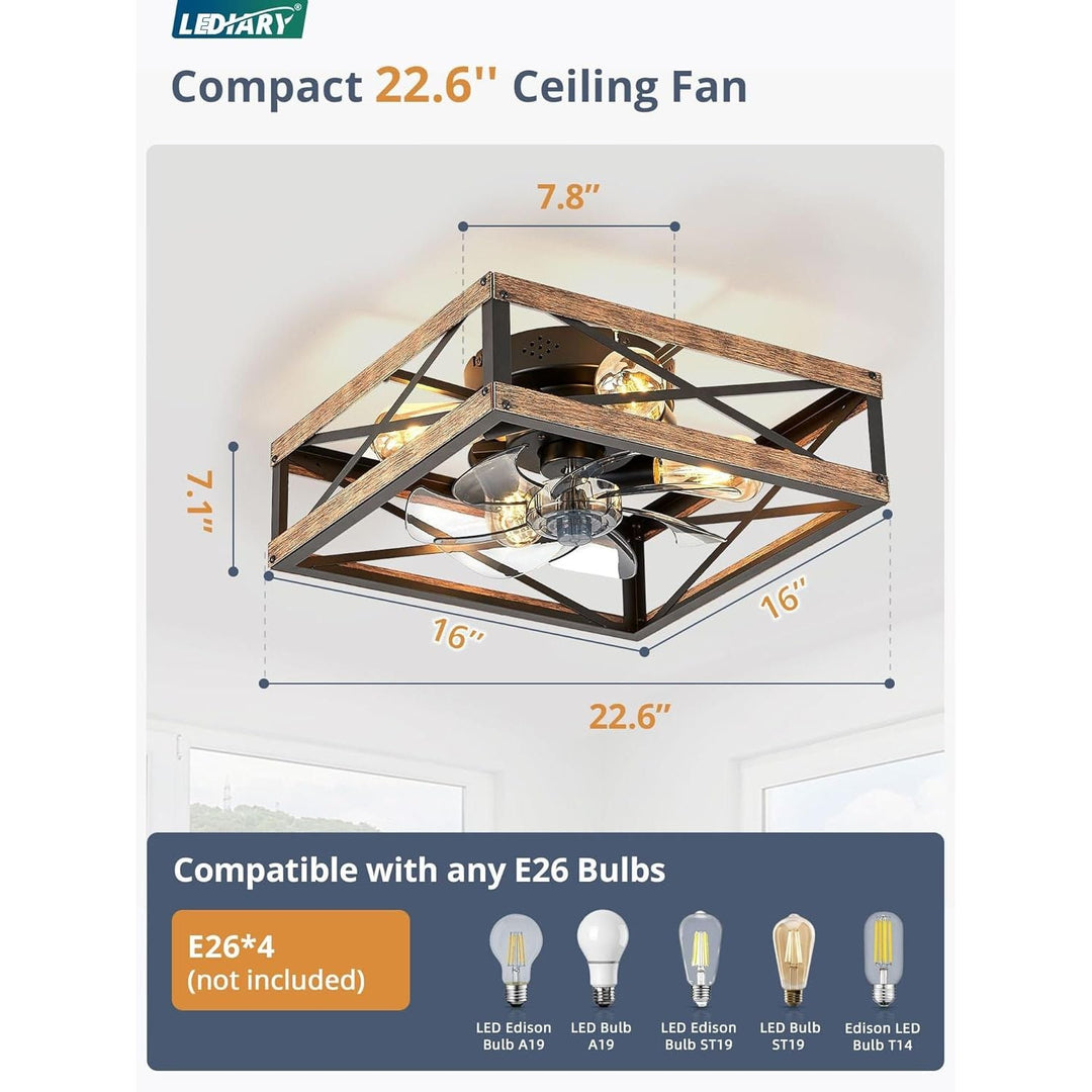 LEDIARY Caged Low Profile Ceiling Fan with Lights and Remote, Rustic Square Flush Mount, 6 Speed and Reversible, Small Farmhouse Bladeless Ceiling Fan for Bedroom, Kitchen, Dining Room - Just Closeouts Canada Inc.