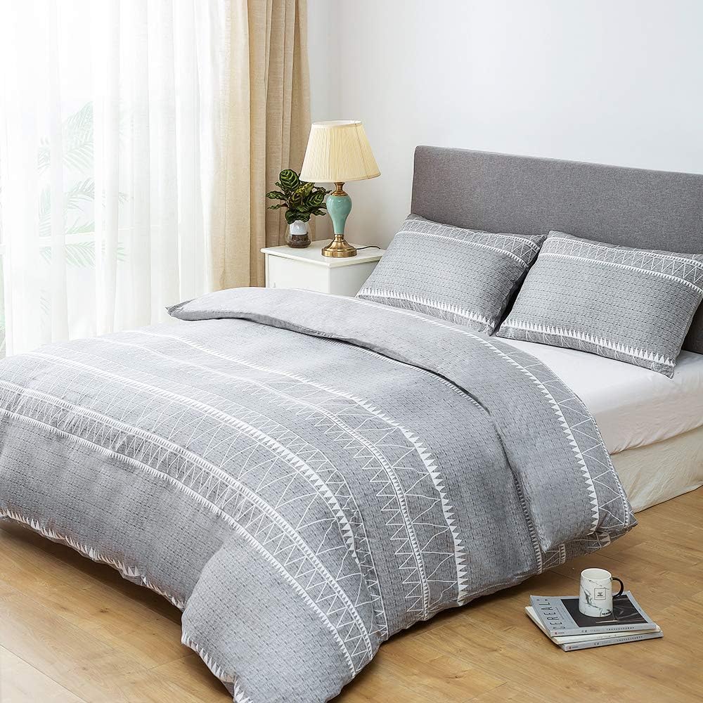 Lekesky Duvet Cover Queen, Microfiber Comforter Queen Set, 3 Pieces Breathable Queen Bedding Sets with Zipper Closure and Corner Ties, Grey Striped - Just Closeouts Canada Inc.