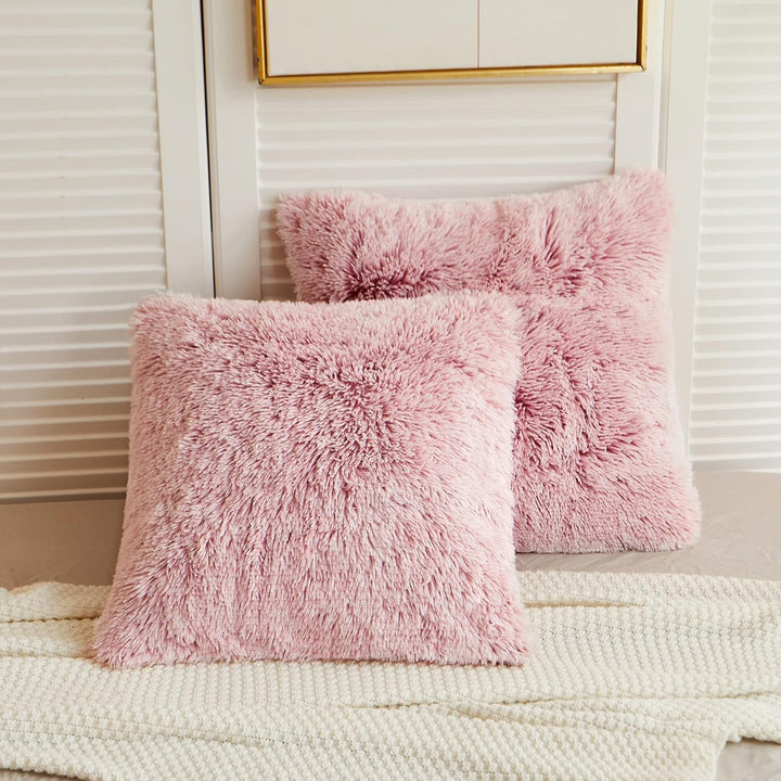 LIFEREVO 2 Pack Blush Pink Shaggy Plush Faux Fur Throw Pillow Covers,Zippered Fuzzy Decorative Pillow Case,Luxury Square Velvety Soft Cushion Case for Sofa Bedroom Car(Ombre Old Pink,18"x18") - Just Closeouts Canada Inc.